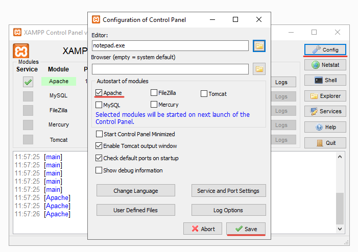 Apache рабочее окно