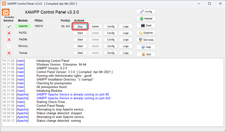 XAMPP Control Panel: кнопки Stop и Start в строке Apache