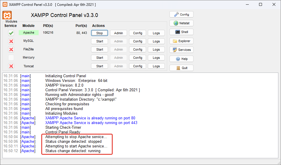 XAMPP Control Panel после успешного запуска Apache