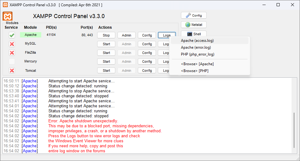 XAMPP Control Panel с ошибкой запуска Apache