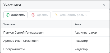 Диалог "Участники" проекта